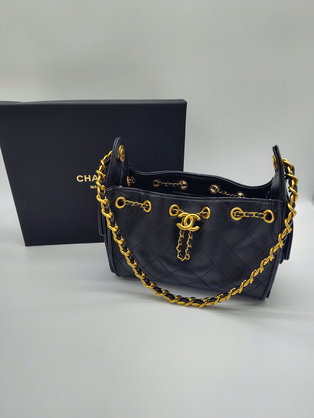 CHANEL Makeup Promotional Gift Quilted Chain Cosmetic Bag Black Gold Colorway